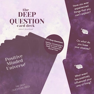 Puede incluir: Una baraja de cartas titulada "The Deep Question" con el texto "Positive Minded Universe" en las cartas. La baraja incluye 152 preguntas profundas para conversaciones navideñas, cenas y almuerzos, conexiones profundas y tiempo de diario. Descarga instantánea.