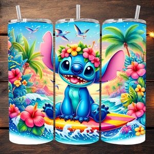 May include: A blue and pink cartoon character with a flower crown is surfing on a surfboard in a tropical setting. The character is surrounded by palm trees, flowers, and waves. The background is a sunset sky.