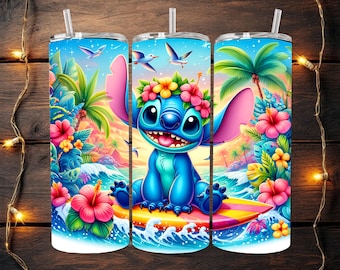 May include: A blue and pink cartoon character with a flower crown is surfing on a surfboard in a tropical setting. The character is surrounded by palm trees, flowers, and waves. The background is a sunset sky.