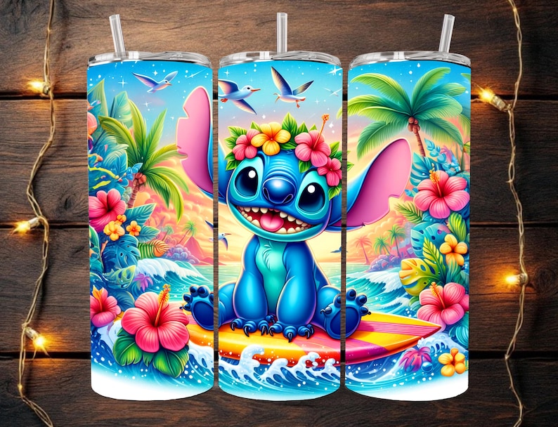 May include: A blue and pink cartoon character with a flower crown is surfing on a surfboard in a tropical setting. The character is surrounded by palm trees, flowers, and waves. The background is a sunset sky.