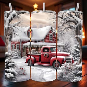 Cozy Cabin Christmas Red Truck Tumbler