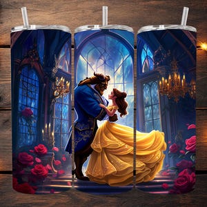 May include: A stainless steel tumbler with a colorful image of Belle and the Beast from the Disney movie Beauty and the Beast. The image shows Belle in a yellow gown and the Beast in a blue suit, dancing in a grand ballroom.