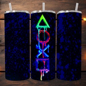 May include: Three stainless steel tumblers with a blue background and a colorful PlayStation logo. The logo is made up of a triangle, circle, X, and square.