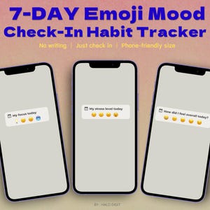 Peut inclure: Trois smartphones affichant un suivi des habitudes d'humeur par emojis. Le texte en haut indique "7-DAY Emoji Mood Check-In Habit Tracker." Chaque téléphone affiche une question différente : "My focus today", "My stress level today" et "How did I feel overall today?"