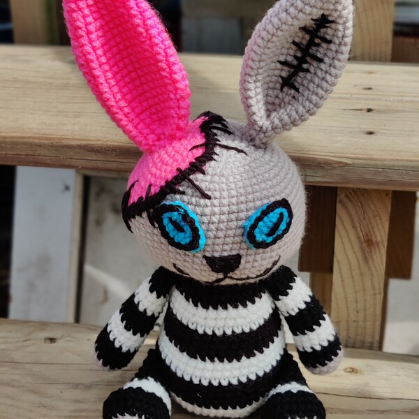 Zombie Rabbit- Creepy Cute Goth Pink Black White Gray Amigurumi Crochet Spinning Head