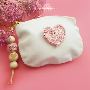 Tasche mit Anhänger, 14,5x11, altrosa Herz, Tasche in rosa oder in natur, Kosmetikbeutel, Kulturtasche, Schminktasche, klein, Bio-Baumwolle