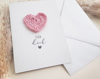 Schlichte Grußkarte aus Kraftpapier und Häkelapplikation Herz - Klappkarte, Geschenk für Mama, Freundin, Oma, klappkarten für jeden Anlass