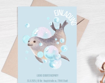 Children's birthday invitation with seal, seal party invitation, Canva template, maritime birthday invitation, digital download