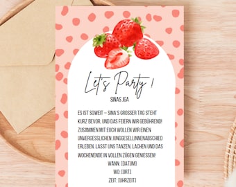 Birthday invitation with strawberries, summer invitation, Canva template, party invitation digital, celebration invitation, digital, print at home