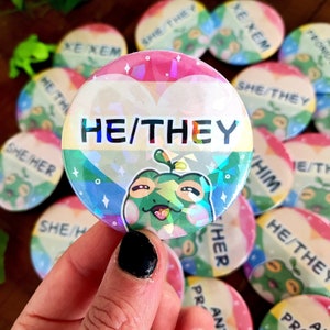 Holographic Pronounce Button Froggy | Frog Buttons | Any Pronouns | He She They | Xe/Xem | Pronoun Gender Button | LGBTQ | Nonbinary