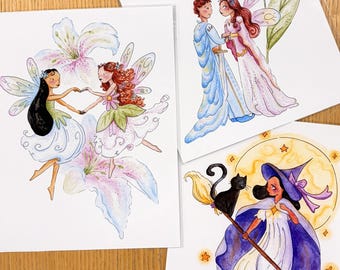 Watercolour Fairy Witch Art Print – Fairytale Wall Art for Bedroom, Nursery or Gift | Magical Flower Fairy Fantasy Illustration