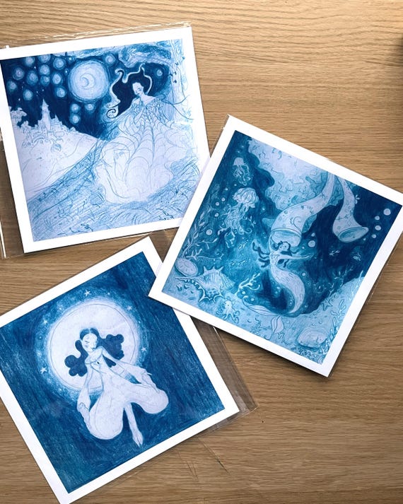 Fairytale Art Prints - Blue Whimsical Fantasy Wall Art Storybook Decor Gift for Book Lovers Mermaid Enchanted Castle & Moon Illustrations