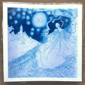 May include: A blue and white art print featuring a woman with long hair and a spiderweb-like dress. The background includes a castle, a large moon, and a starry sky. The artwork is in a sketch style.