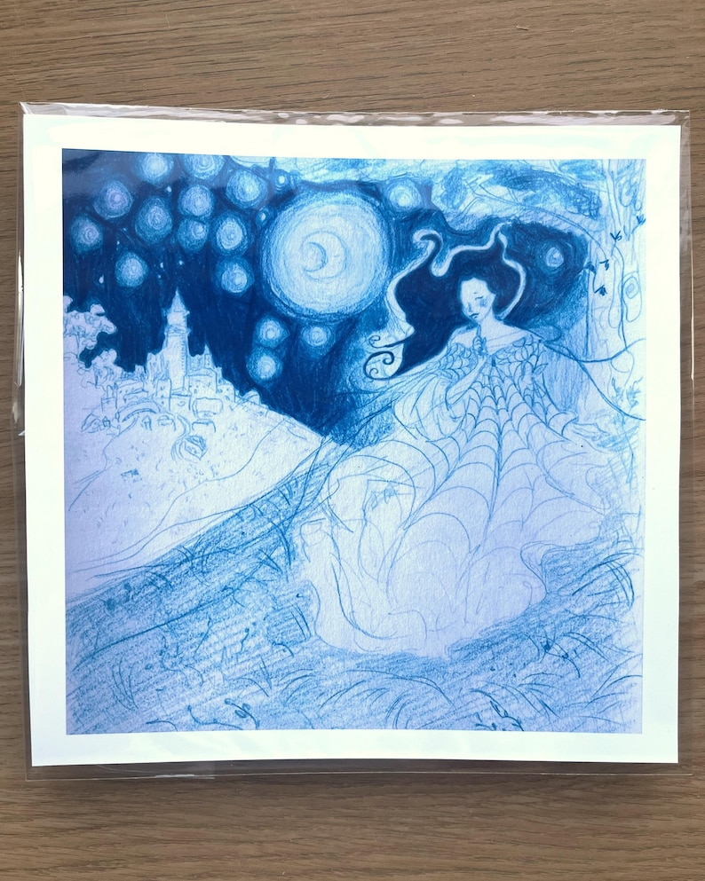 May include: A blue and white art print featuring a woman with long hair and a spiderweb-like dress. The background includes a castle, a large moon, and a starry sky. The artwork is in a sketch style.