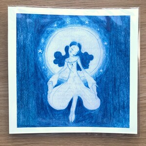 May include: A blue and white illustration of a figure in a flowing gown, set against a backdrop of a large, glowing circle and stars. The artwork is a pencil drawing, with a dreamy, ethereal quality.