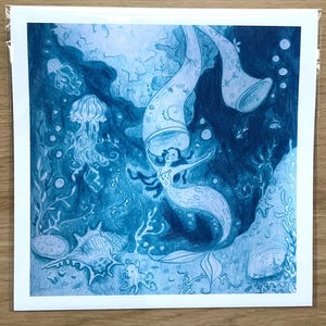 May include: A blue-toned illustration of a mermaid swimming underwater, surrounded by marine life. The artwork features a mermaid with flowing hair, jellyfish, seashells, and coral. The image is a pencil drawing style.