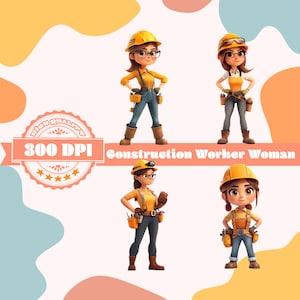 Conjunto de imágenes PNG de una trabajadora de la construcción / Conjunto de imágenes prediseñadas de una constructora / 4 PNG / 300 DPI / Descarga digital instantánea
