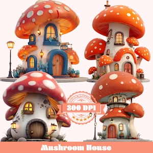 Mushroom House PNG Bundle: Whimsical Cottage Clipart (Digital Download