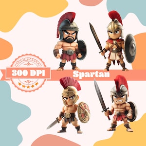 Spartanischer Krieger PNG-Bundle | 4 niedliche Cartoon Spartans | Antike griechischer Soldat Clipart | 300 DPI | Digitaler Download für Kinder & zum Basteln