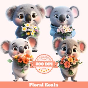 Floral Koala PNG Bundle, Cute Koala Clipart with Flowers, Animal PNG, 300 DPI Transparent, Sublimation, Nursery Decor, Aussie Animals