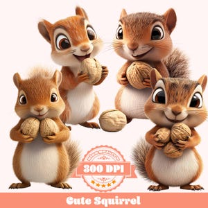 Cute Squirrel PNG Bundle | Adorable Cartoon Squirrels with Nuts | 4 PNGs | 300 DPI | Woodland Animal Clipart for Crafts & Projects
