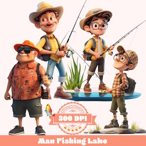 Cartoon Fisherman Clipart: Fishing Lake PNG Bundle (Digital Download, 300 DPI, 4096x4096 px)