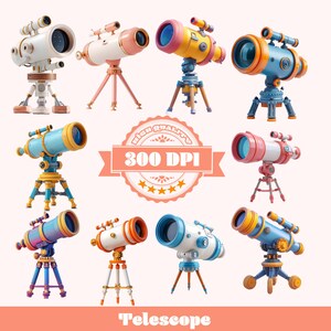May include: A collection of colorful telescopes in various designs, each mounted on a tripod. The telescopes feature a range of colors, including white, pink, yellow, blue, and orange. The image includes the text "High Quality 300 DPI" and "Telescope".