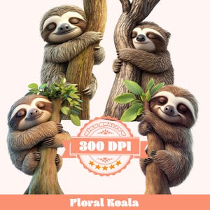 Sloth PNG Bundle, Cute Tree Hugging Sloth Clipart, Lazy Animal PNG, Transparent 300 DPI, Sublimation, Nursery Art, Forest Animals