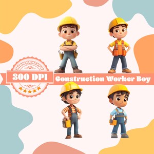Pacote PNG de menino trabalhador da construção, 4 clipart fofos de construtor para decoração de festa infantil, artesanato faça você mesmo, convites, download digital de 300 DPI