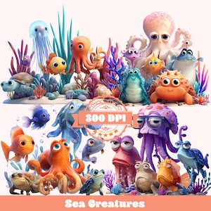 Sea Creatures PNG Bundle | Cute Ocean Animal Clipart for Kids, Sublimation & DIY Crafts | 300 DPI High-Resolution Download
