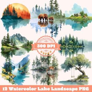 Watercolor Lake Landscape Clipart Bundle: Scenic Nature PNGs (Digital Download