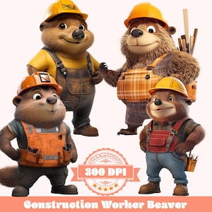 Construction Worker Beaver PNG Bundle | Cute Builder Beaver Clipart | 4 PNGs | 300 DPI | Cartoon Forest Animal for Crafts & Kids Decor