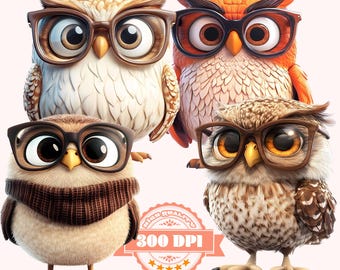 Wise Owl Clipart Bundle: Smart Owls with Glasses (Digital Download)