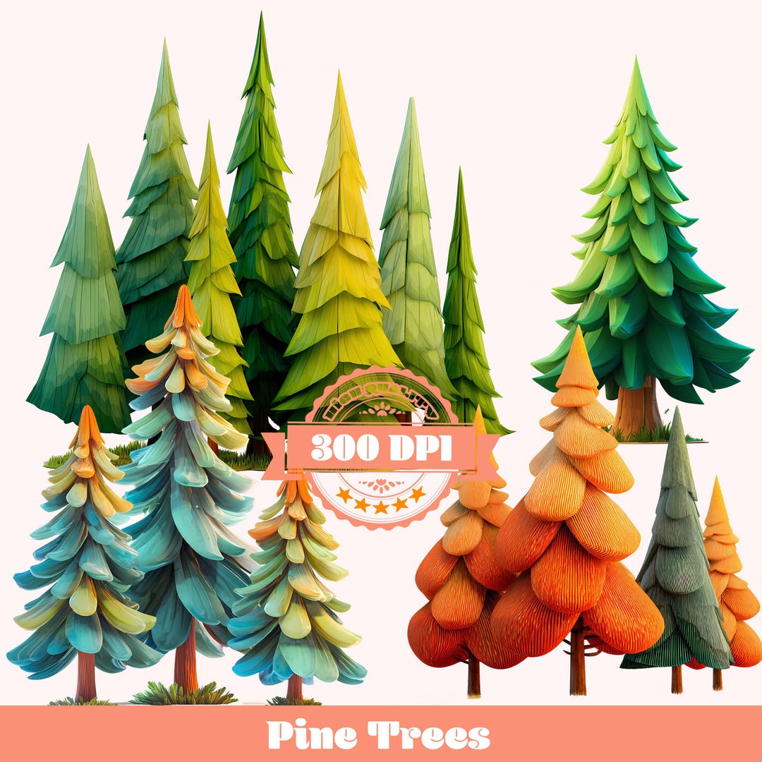 Pine Trees PNG Bundle: Colorful Forest Clipart for Sublimation ...