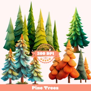 Pine Trees PNG Bundle | Colorful Forest Tree Clipart | 300 DPI Nature PNG | Evergreen, Autumn Trees for Sublimation, Stickers, Crafts