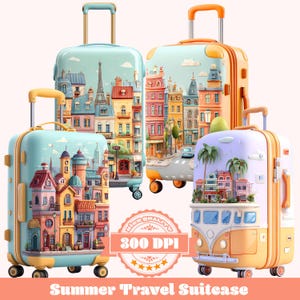May include: Four colorful travel suitcases with cityscapes, including the Eiffel Tower and buildings. The suitcases have wheels and extendable handles. The text "Summer Travel Suitcase" is at the bottom.