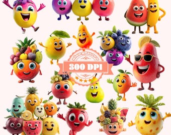 Paquete de imágenes prediseñadas de frutas kawaii (descarga digital)