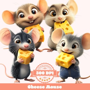 Cheese Mouse PNG Bundle | Cute Mice Holding Cheese Clipart | 4 PNGs | 300 DPI | Mouse Cartoon Art for Kids, Crafts & DIY Projects