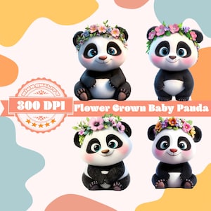 Paquete PNG de panda bebé con corona de flores, clipart de panda adorable, PNG de animal floral, 300 DPI transparente, sublimación, decoración infantil, decoración para bebés