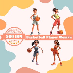 Pacote de PNG de jogadora de basquete feminina, 4 cliparts esportivos femininos, download digital, PNG de alta qualidade de 300 DPI para sublimação e artesanato