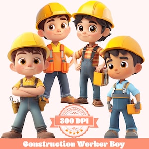 Bauarbeiter Junge PNG Bundle, 4 süße Baumeister Clipart für Kinder Party Dekoration, Basteln, Einladungen, 300 DPI Digital Download