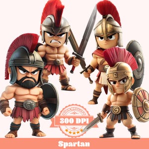 Ensemble PNG Guerrier spartiate | 4 Spartiates de dessin animé mignon | Clipart Soldat grec ancien | 300 ppp | Téléchargement numérique pour enfants et travaux manuels