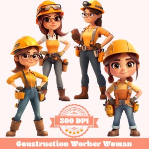 Construction Worker Woman PNG Bundle | Female Builder Clipart Set | 4 PNGs | 300 DPI | Instant Digital Download