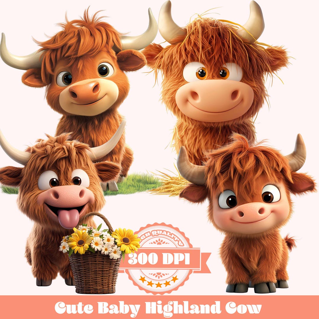 Highland Cow Clipart | Baby Farm Animal PNG (digital Download - Etsy