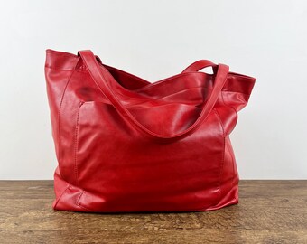 Red Leather Tote, Soft Leather Bag, Real Leather Tote Bag in Red