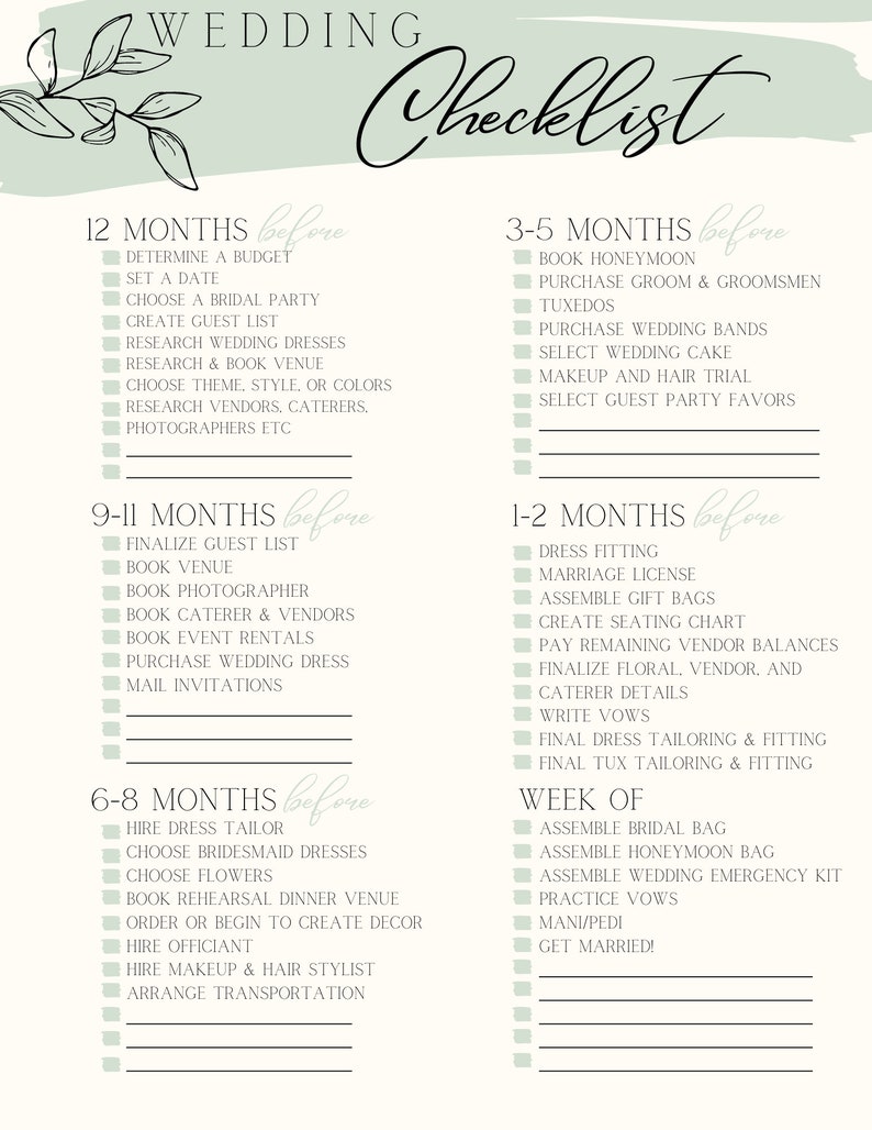 Printable Wedding Checklist, Wedding To-do List Printable - Etsy