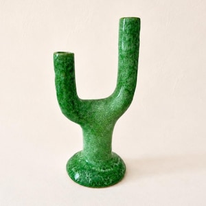 Vintage Green Double Candle Holder, Sculptural Ceramic Candelabra, Mid Century Table Decor