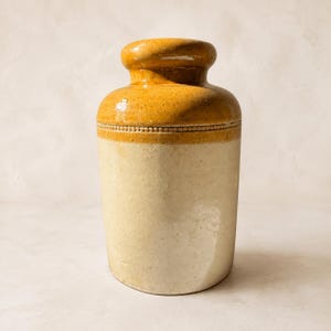 Può includere: Un vaso cilindrico in gres caratterizzato da una sezione superiore smaltata in giallo senape lucido e una base color bianco sporco opaco. Il contenitore presenta un bordo spesso e arrotondato e una fascia decorativa con texture a perline.