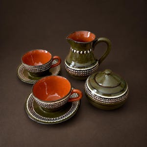 Vintage Hungarian Pottery Coffee Set, Green Brown Folk Pattern, 1970s
