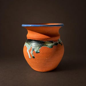 Vintage Terracotta Vase with Blue Green Decoration, Small Rustic Folk Pottery Flower Vase